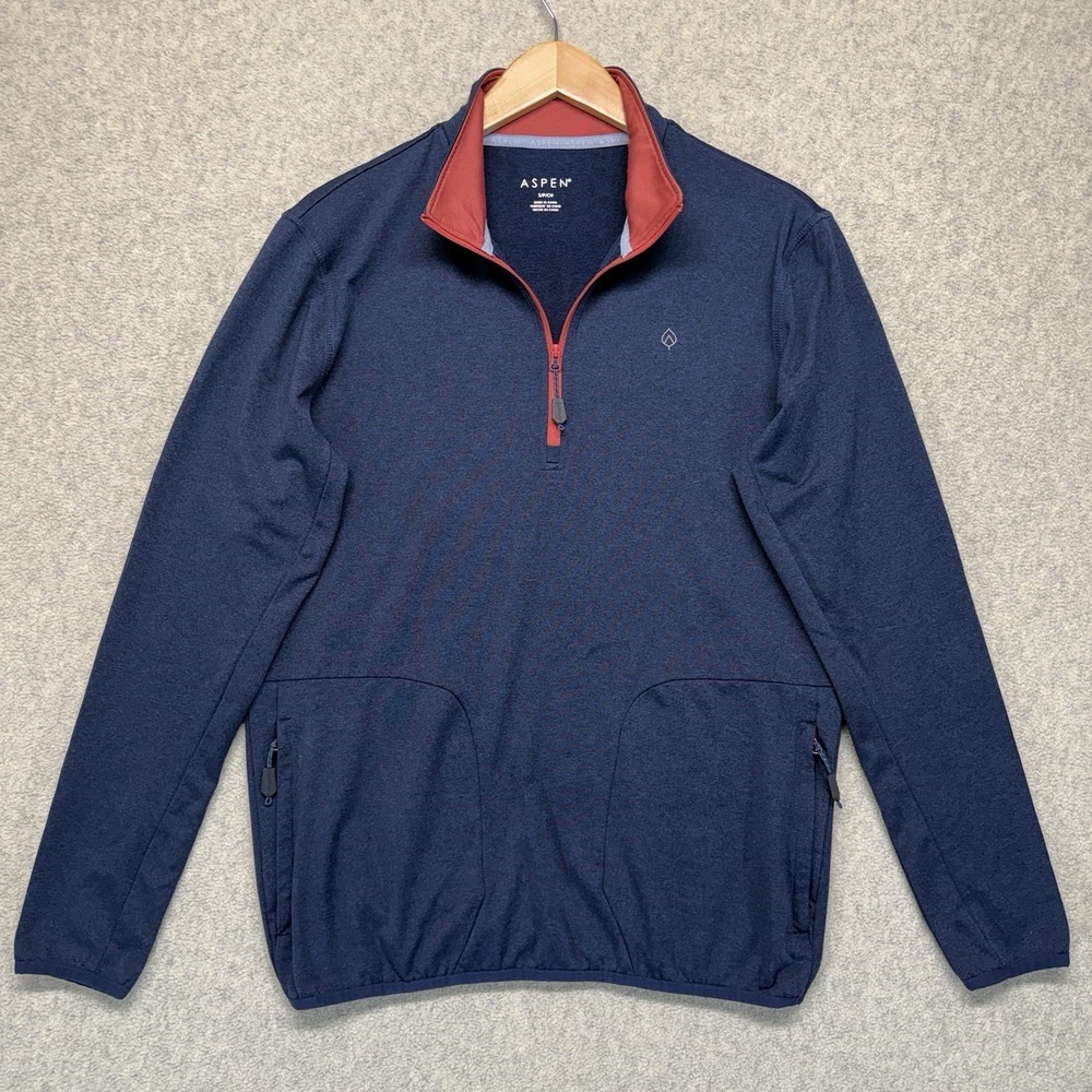 Aspen Men's Quarter Zip Pullover Jacket Navy Red Lightweight Stretch‎ Size S